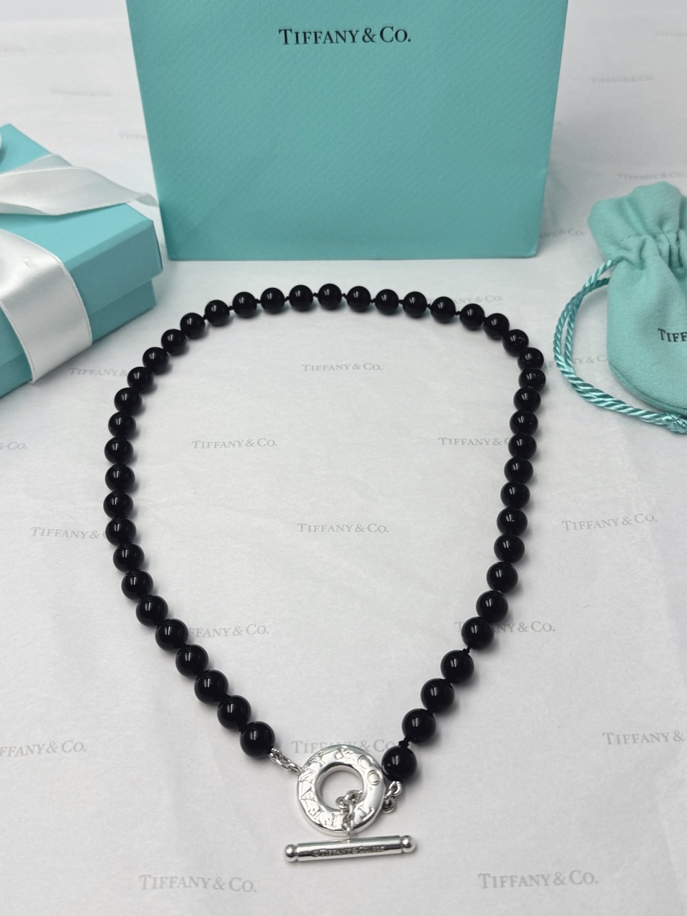 Tiffany & Co. Black Onyx Toggle Necklace Sterling Silver 925 19.75” Gift Box